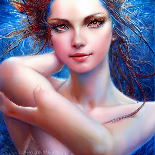 Image similar to a beautiful dancer manipulating water by karol bak, ayami kojima, artgerm, river, water, blue eyes, smile, concept art, fantasy