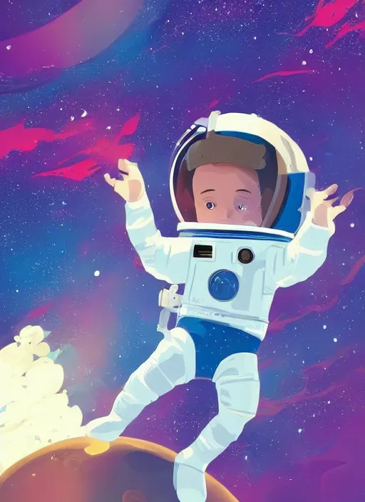 Image similar to little boy with short blonde hair. he is floating in space. he is wearing a space suit. background is a nebula. clean cel shaded vector art. shutterstock. behance hd by lois van baarle, artgerm, helen huang, by makoto shinkai and ilya kuvshinov, rossdraws, illustration, art by ilya kuvshinov