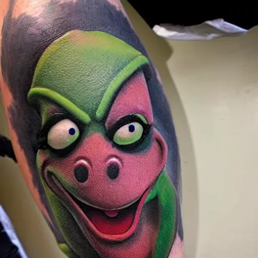 Image similar to tattoo of kermit the frog from sesame street with joker makeup