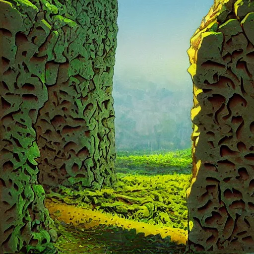 Image similar to colorful marc simonetti impasto!! acrylic painting of the granite gateway of a forgotten civilization. vines and creepers, stone etchings