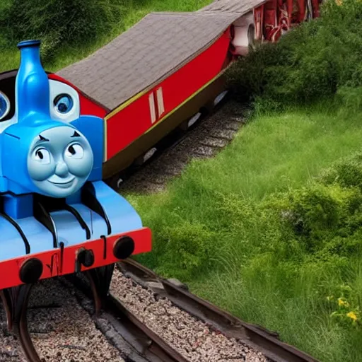 Image similar to Thomas the tank engine derailment accident, 8k photography, high definition, ultra realistic, award winning photo