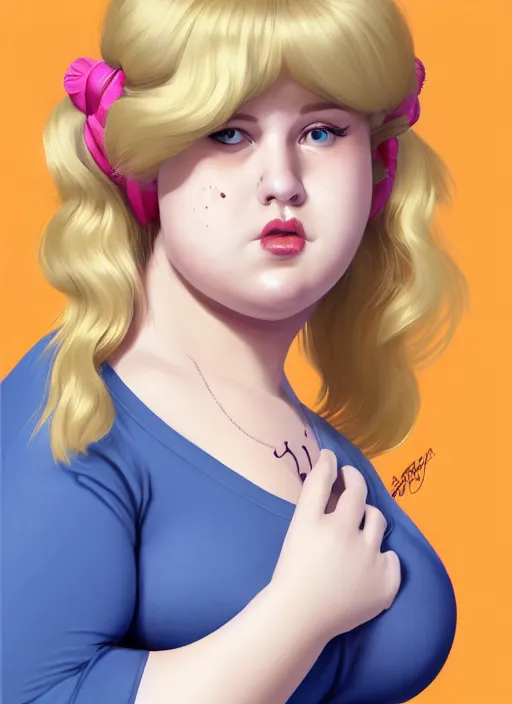 Image similar to full body teenage betty cooper, blonde hair, obese, bangs, ponytail, sultry, realistic, sultry smirk, ponytail, fluffy bangs, curly bangs, fat, belly, beautiful girl, intricate, elegant, highly detailed, digital painting, artstation, concept art, smooth, sharp focus, illustration, art by wlop, mars ravelo and greg rutkowski