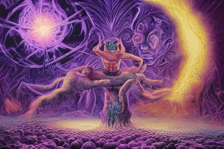 Prompt: massive large human figure in center of psychdelic city blaze of glory supernova dreamworld in the underworld, surrealist and abstract digital art trending on artstation by artist Rob Gonsalves and Mark Riddick supreme peace immense knowledge black purple violet mint white navy gold dmt art