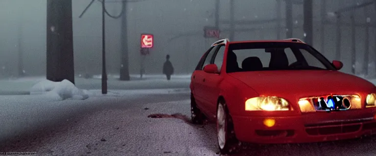 Image similar to Audi A4 B6 Avant (2002), a gritty neo-noir, dramatic lighting, cinematic, eerie person, death, homicide, homicide in the snow, gunshots, establishing shot, extremely high detail, photorealistic, red mist, red fog, chaos, arson, burning city, cinematic lighting, artstation, by simon stalenhag, Max Payne (PC) (2001) winter New York at night, In the style of Max Payne 1 graphic novel, flashing lights, Poets of the Fall - Late Goodbye