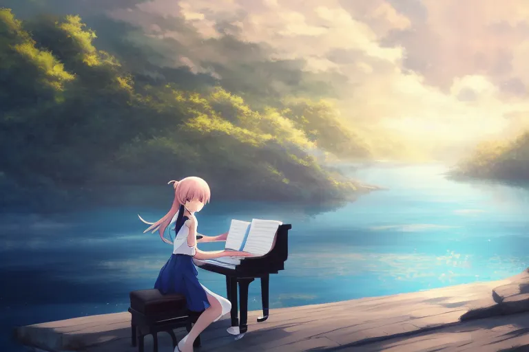 Prompt: Anime girl playing piano on blue water, far away, landscape, scenery, Cushart Krenz, Shinkai Makoto, by Lluluchwan, lots of details, highly detailed, 4k, detailed body