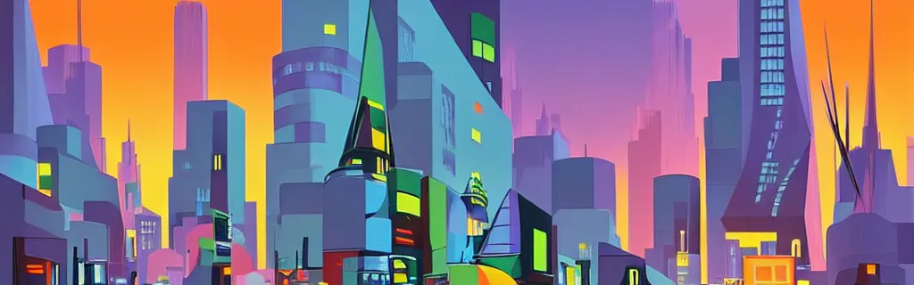 Image similar to sci - fi city street with faceted angular buildings, modernism, gouache, animated film, stylised, illustration, by eyvind earle, scott wills, genndy tartakovski, syd mead