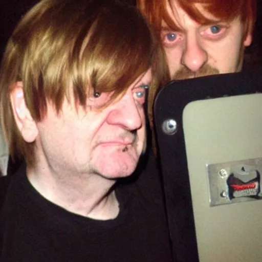 Image similar to mark e smith with scene girl hair, 2 0 0 9, flip phone selfie photograph