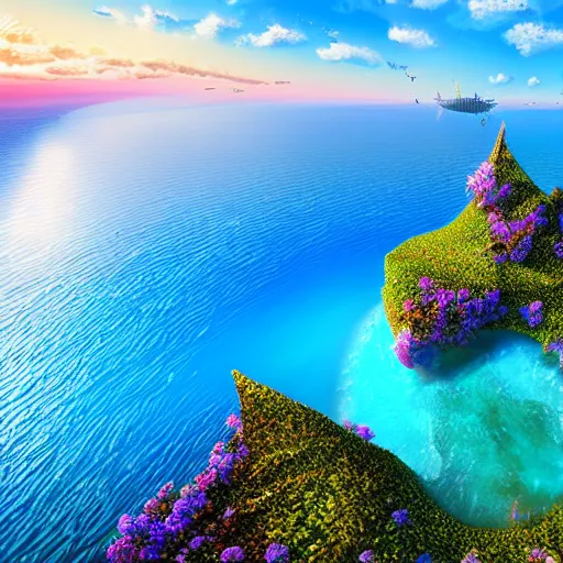 Prompt: Floating fantasy island over a blue ocean, art by Phuoc Quan, trending on Artstation, 8K, ultra wide angle