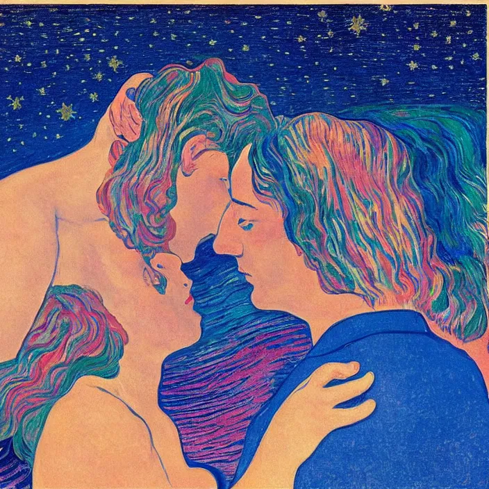 Image similar to close view of woman and man kissing. tsunami great wave, night with stars. iridescent, vivid psychedelic colors. painting by munch, rene magritte, felix vallotton, agnes pelton, egon schiele, henri de toulouse - lautrec, utamaro, monet