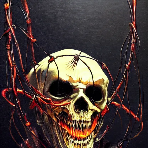 Prompt: cyberpunk ghost rider demon swinging a barbed wire whip, extremely detailed concept art, palette knife oil painting, dark saturated colors, vapor wave, terrifying masterpiece, maximalist, full body portrait, black background, horror, by Ralph Steadman, by Giger, by Alexander McQueen