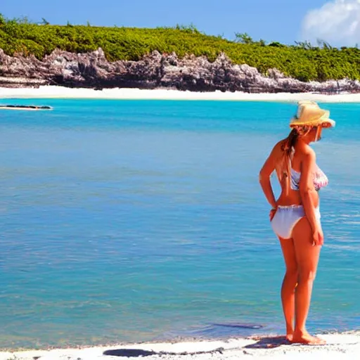 Prompt: a woman stands in the water at a beach in bermuda, sunny day, highly detailed, intricate, award winning,