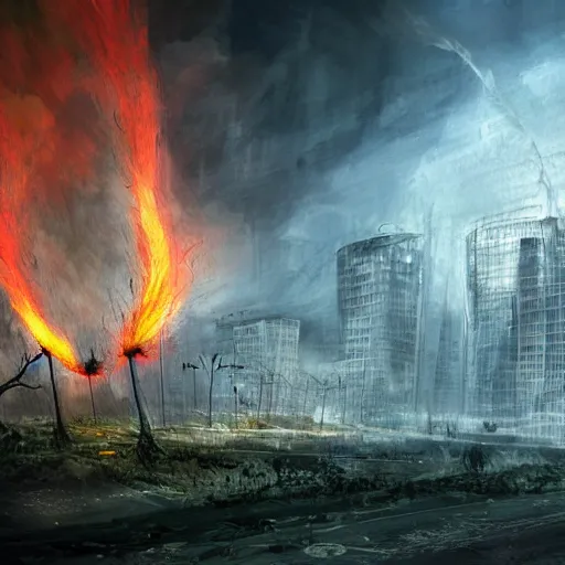 Image similar to damaged city, high - tech, concept art, forest, fire tornado, high resolution