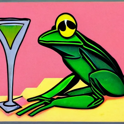 Prompt: art deco frog drinking absinthe on a spaceship