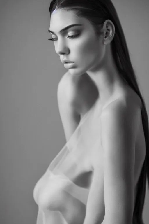 Image similar to emotionnal shot. fragile shy woman looking like Kendall Jenner with sheer dress with plunging neckline and lace sleeves. award-winning fashion photography. intimate and vulnerable lighting. 130mm bw fashion photography .