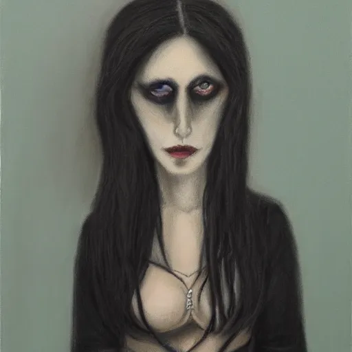 Image similar to a woman with long hair and a black shirt, a pastel by minerva j. chapman, tumblr contest winner, cubism, goth, gothic, messy