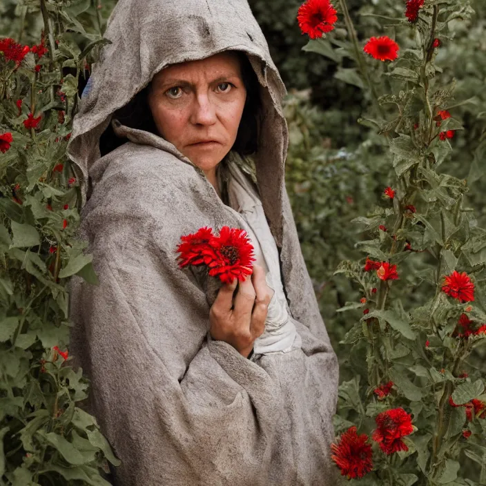 Image similar to a woman wearing a hooded cloak made of zinnias and barbed wire, in a derelict house, by Charlotte Grimm, natural light, detailed face, CANON Eos C300, ƒ1.8, 35mm, 8K, medium-format print