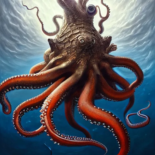 Image similar to a dream fantasy painting of a giant octopus kill a diving man, by beksinki, giger, greg rutkowski, carne griffith trending on artstation, deviantart, photorealism