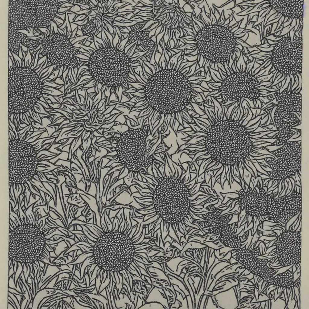 Prompt: optical illusion woodblock print, large sunflower stamp pattern