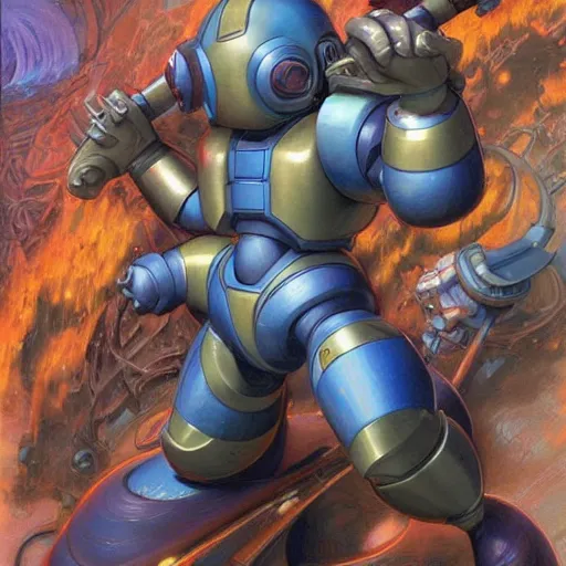 Prompt: Thicc megaman art by Donato Giancola and Bayard Wu, digital art, trending on artstation