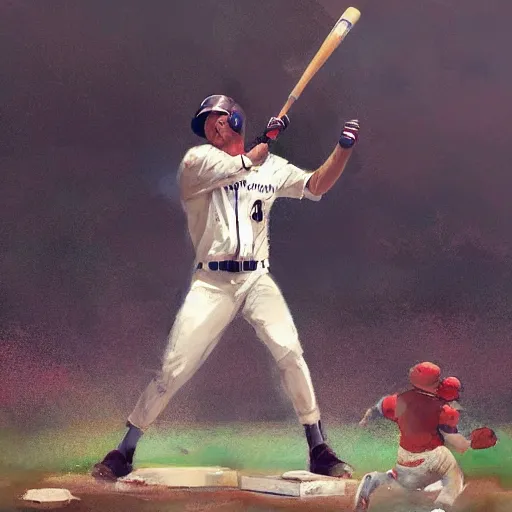 Image similar to baseball player hitting the ball with the baseball bat in the middle of the game and in front of everyone in the stadium, james gurney painting style, greg rutkowski, artstation