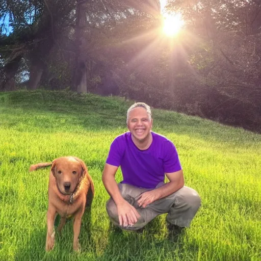 Prompt: a man in a purple shirt on the peak of a grass hill while petting his dog, looking at the sun before sunrise