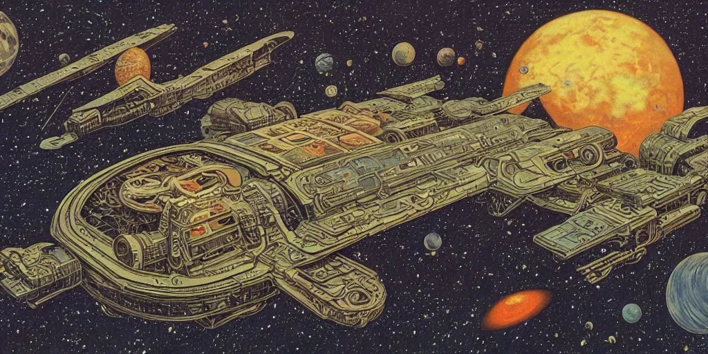 Image similar to incredible space ship in orbit, by Escher and Moebius and Mohrbacher, 8k