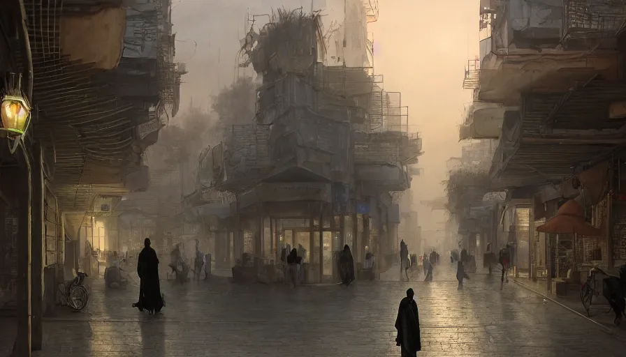 Prompt: modern jeddah city street, roshan, shops, a bright pharmacy, a nomad wearing a worn out coat, plants, tree, dramatic lighting, sci fi, by caspar david friedrich by james gilleard and justin gerard, centered, artstation, smooth, sharp focus, photoreal octane render, by jean baptiste monge, gustave dore, deviantart