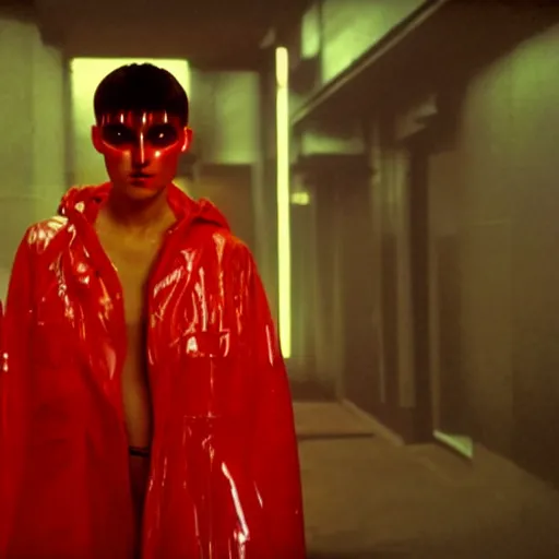 Image similar to cinematic portrait of a runaway replicant with tribal facepaint and a red translucent plastic raincoat in an empty room, still from the movie bladerunner, fashion photography, a neon sign is in the background