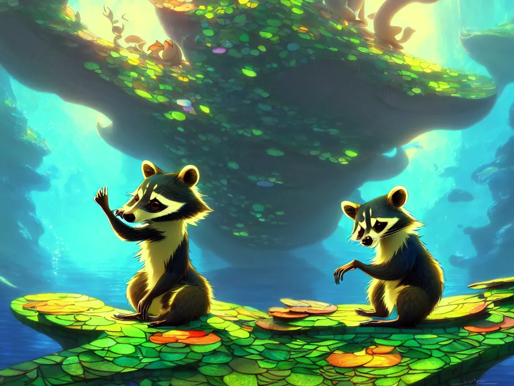 Prompt: the beautiful cartoon animation render a lovely disney raccoon, pop art, underwater world, in the style of makoto shinkai, raphael lacoste louis comfort tiffany, artgerm, karol bak, james jean, ross tran, 8 k hd, fine texture structure, 3 drender