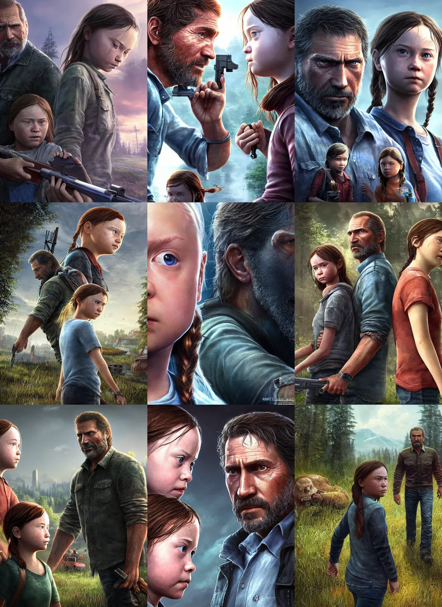 Prompt: ultrarealistic video game screenshot of real vladimir putin and real greta thunberg in the video game last of us, 8 k high quality art by artgerm alonzo mecha