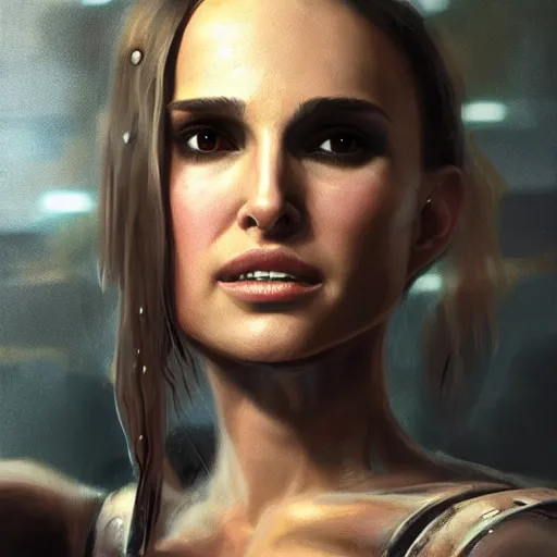 Prompt: natalie portman portrait, dystopia core, apocalyptic, armor, warrior, dramatic, sharp focus, fiction, neon, fantasy, hyper detailed, digital art, trending in artstation, cinematic lighting, studio quality, smooth render, unreal engine 5 rendered, octane rendered, art style and nixeu and wlop and krenz cushart