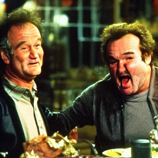 Image similar to robin williams and bill mirray at a restaurant eating ribs, messy food, bbq sauce on their clothes, bill murray has a crazy look in his eye, john candy plays the worried waiter who is brusing his sauce hair in the smudged mirror, aberrant reflection