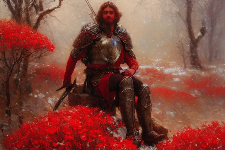 Image similar to winter, a male warrior wearing armor relaxing under a world tree with red flowers, ground covered with snow, extreme long shot, fantasy, painting by gaston bussiere, craig mullins, j. c. leyendecker, trending on artstation