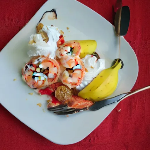 Prompt: banana split, but with shrimp