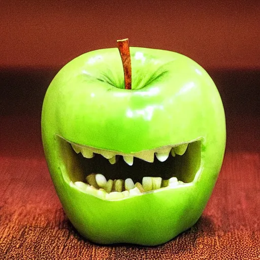 Image similar to an apple with real teeth in a studio