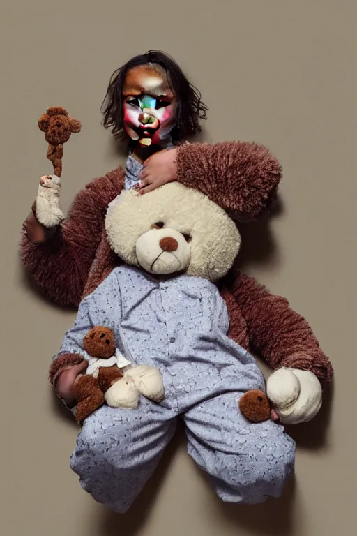 Image similar to frank dillane wearing pajamas with feet and holding a teddy bear, sleepy, adorable, cute, intricate, detailed, trending on artstation, coherent