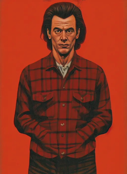 Prompt: Twin Peaks poster artwork by Michael Whelan and Bob Larkin, of portrait of Joe Rogan in red flannel, from scene from Twin Peaks, clean, simple illustration, nostalgic, domestic