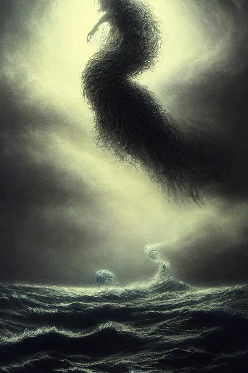 Prompt: Intricate stunning highly detailed water deity emerging from a stormy ocean by agostino arrivabene, Greg Rutkowski , surreal, digital painting, ultra realistic, Horror vacui, beautiful lighting, full moon, ravens, thick black swirling smoke tornado, burning fire embers, artstation
