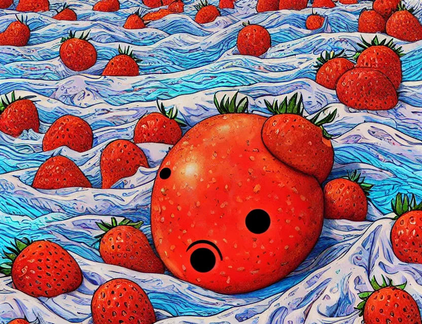 Image similar to a funny detailed high resolution painting with rough brush of a lazy red burned tomato with many googly eyes on a beach to hot for the sun, big piles of strawberry icecream surfing on a sunset by james jean