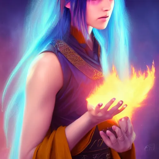 Prompt: rimuru tempest from tensura holding purple fire in her palm, with amber eyes of golden colored eyes, straight hair, sky blue hair, long bangs, award winning photography, cinematic, digital painting, cinematic, wlop, 8 k, by ross tran, tom bagshaw