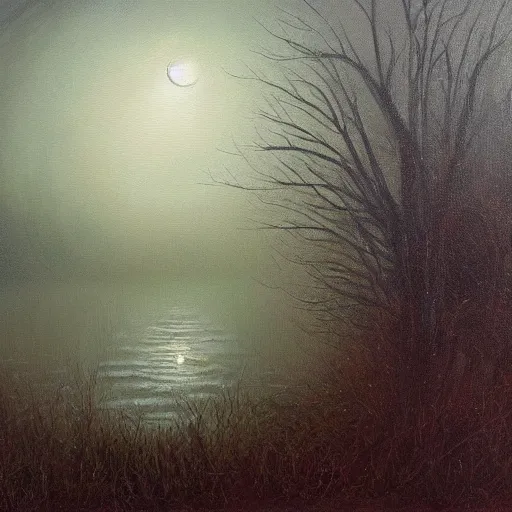 Image similar to will o'the wisp over a foggy swamp at twilight, very textured, highly detailed, oil painting