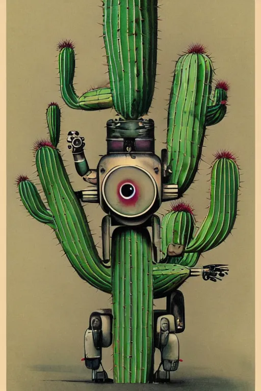 Image similar to long shot of a 1950s retro Cactus robot, with space above the head. Bionic cacti Arms and eyes. pop surrealism, muted colours. by Jean-Baptiste Monge, wide shot