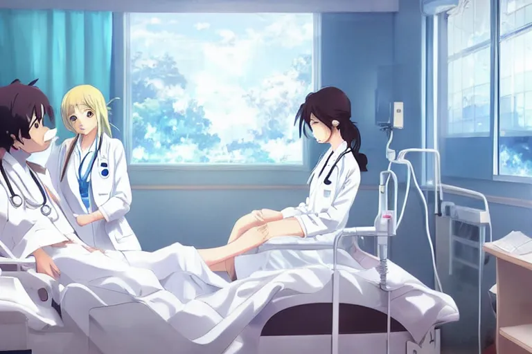 Image similar to a cute and beautiful young female doctor wearing white coat are taking care of a patient on a bed in a hospital ward, slice of life anime, anime scenery by Makoto shinkai