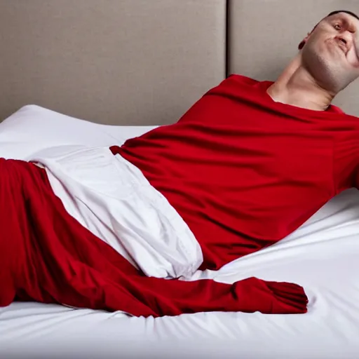 Image similar to high definition professional photo of a red t - shirt laying on a bed, displayed, promotional