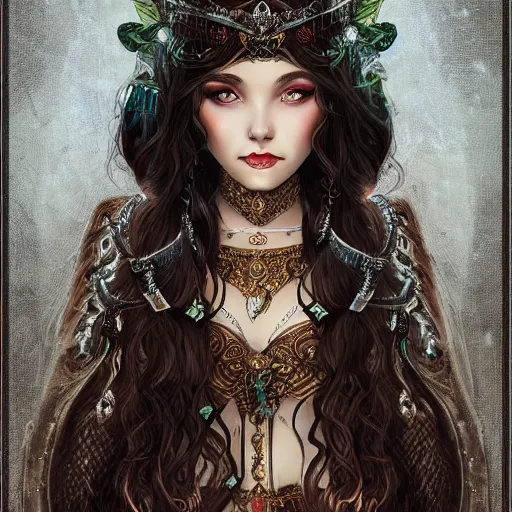 Image similar to A beautiful detailed portrait of a young beautiful female fantasy sorceress with fair skin and long dark brown hair dressed in ornate magical clothing by Kirbi Fagan, trending on artstation