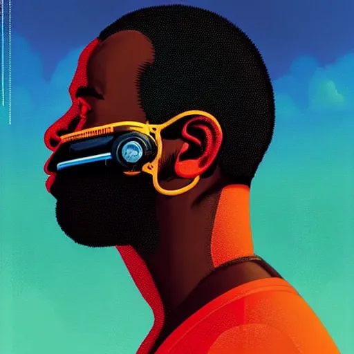 Prompt: a portrait of a black man :: side profile blood :: background sea :: intricate details :: futuristic oxygen mask :: 8k :: simon stalenhag and Sandra Chevrier