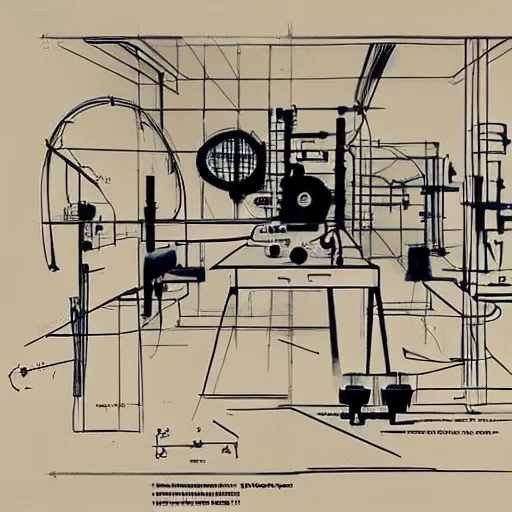 Prompt: Theory of body transfer, sci-fi, technical drawing on a architect table, laboratory and machinery, cinematic style