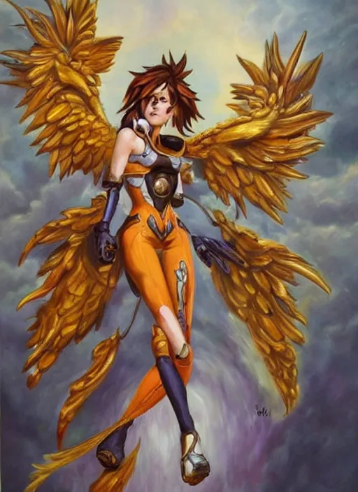 Prompt: full body oil painting of tracer overwatch in the style of julie bell, angel wings, dramatic painting, symmetrical composition, ornate, golden chains, silky garment, high detail, gold detailed collar!!!!!, blooming, angelic, lights, flowers, heavenly, bright, detailed face,