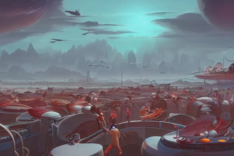 Prompt: crowded exoplanet fish market, big fishes on sale, ringed planet in the sky, dramatic lighting, artstation, matte painting, ralph mcquarrie, simon stalenhag