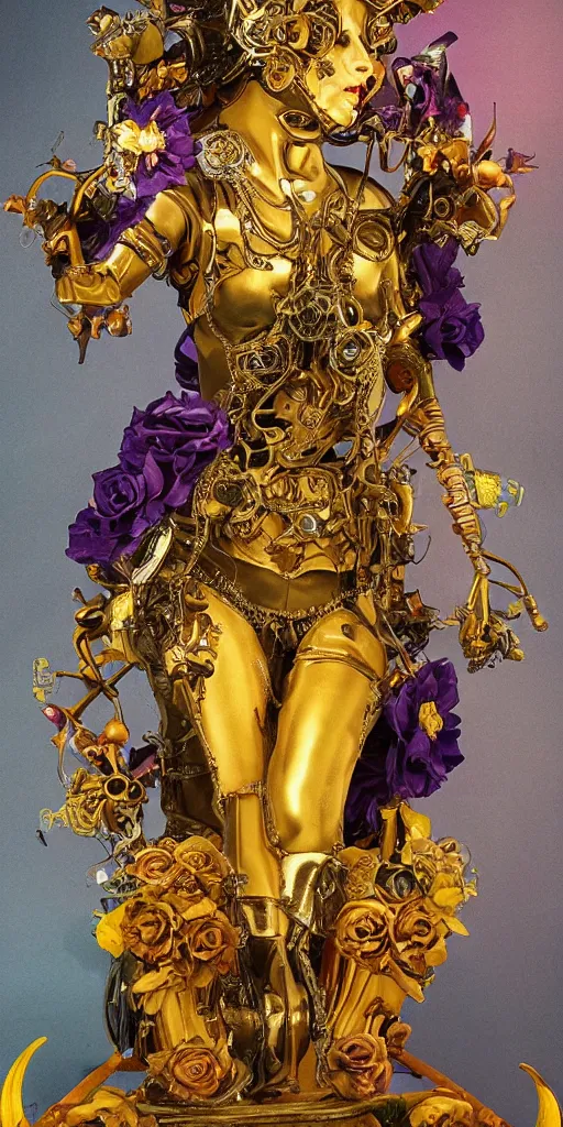 Image similar to a young beautiful Spanish metal android with a large glowing yellow lit crystal in the center of her chest, full-body bronze cyberpunk style statue of Venus with glowing purple eyes, crown of mechanical peach roses, flowing teal-colored silk, fabric, steampunk flowers. baroque elements, human skull. full-length view. baroque element. intricate artwork by caravaggio. many flying horses on background. Trending on artstation, octane render, cinematic lighting from the right, hyper realism, octane render, 8k, depth of field, 3D